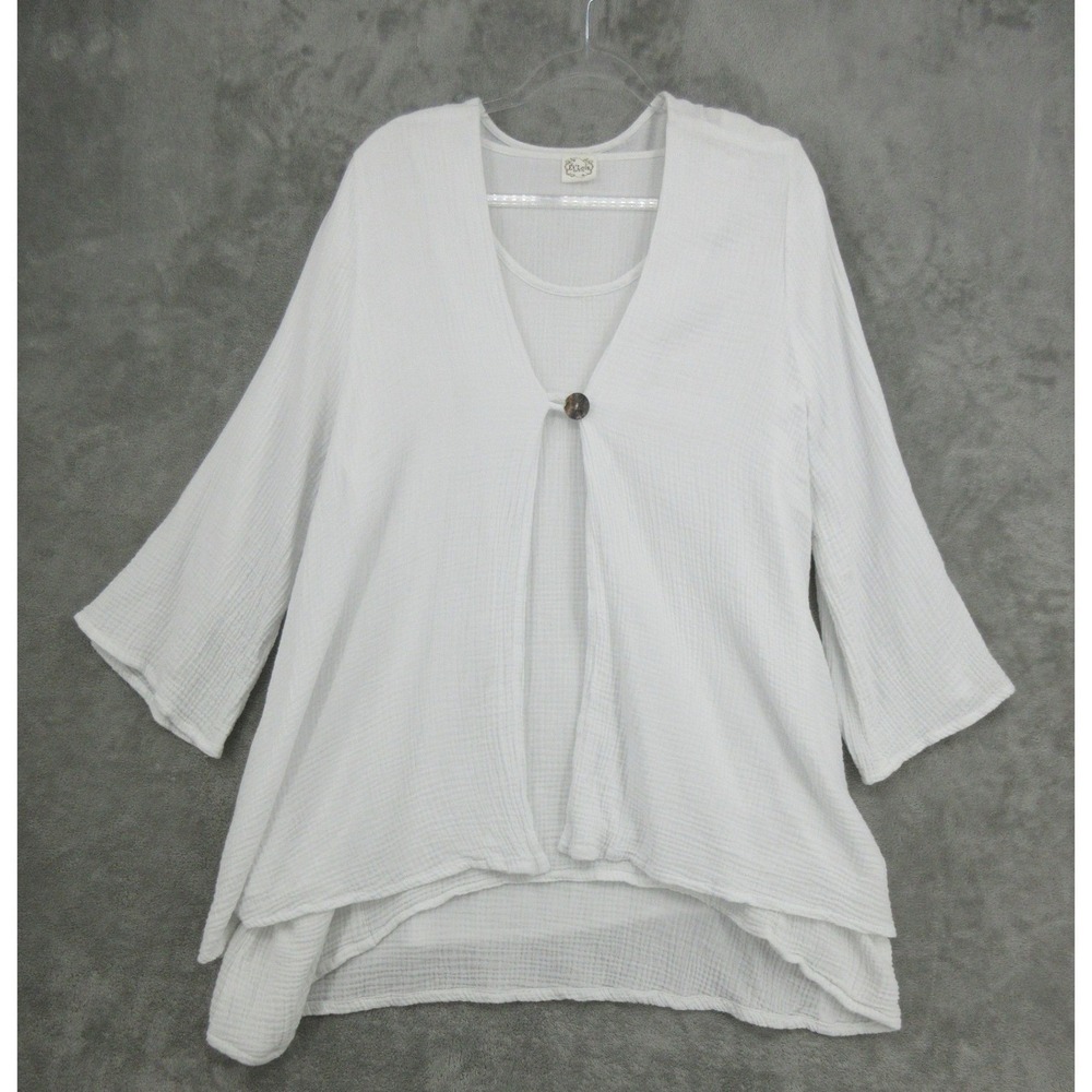 Et Lois Kimono Tunic Set Womens Large White Gauze Lagenlook Boxy Relaxed Boho